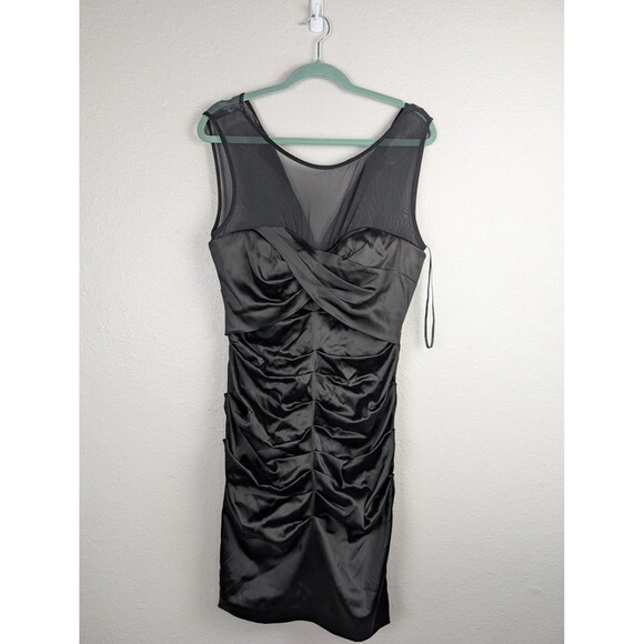 BCBGMaxAzria Dress Womens Medium Black Ruched Sheath Mesh Panel Cocktail Party - Picture 1 of 6